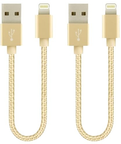 2 Pack 20cm Short Data Transfer Charger Charging USB Cable Cord Compatible with/Replacement for Apple iPhone iPad iPod Bulk Braided Gold Strong Nylon