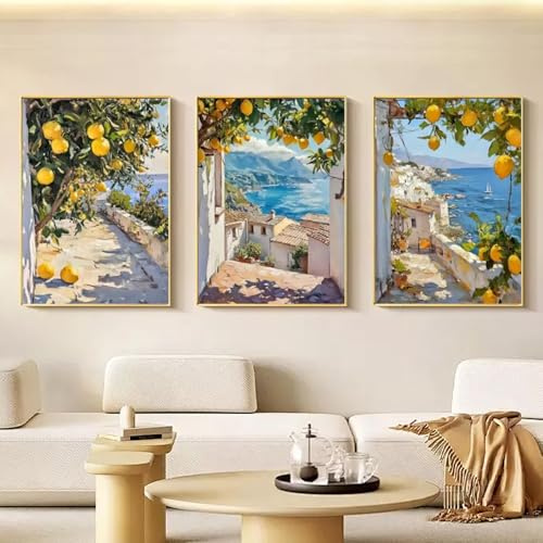CULASIGN Mediterrane Landschaft 3er Poster Set, Italienische Sommer Zitrone Meer Leinwandbilder Wandbilder, OHNE Rahmen Wanddeko für Wohnzimmer (40 x 50 cm)