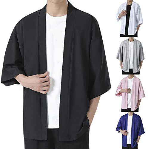Veste Kimono Homme Japonais Style Manches 3/4 Ouvert Cardigan Grande Taille Confortable Printemps Été Traditionnelle Japonaise Gilet Chemise de Plage Courte