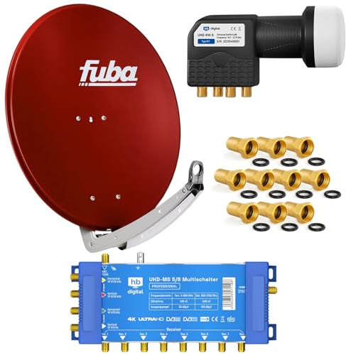 FUBA 8 Teilnehmer Digital SAT Anlage DAA780R + Profi LNB 0,1dB Full HDTV 4K + PMSE Multischalter 5/8 + 24 Vergoldete F-Stecker Gratis dazu