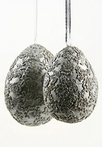 Shophaus24 Ostereier grau mit Blüten Prägungen - Satinband. 6 Stück