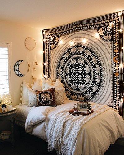 DIYANA IMPEX Elefanten-Tapisserie, indische Wanddekoration, Hippie-Mandala-Wandteppich, Boho-Tapisserie, weiße Farbe, Wandbehang (schwarz und weiß)
