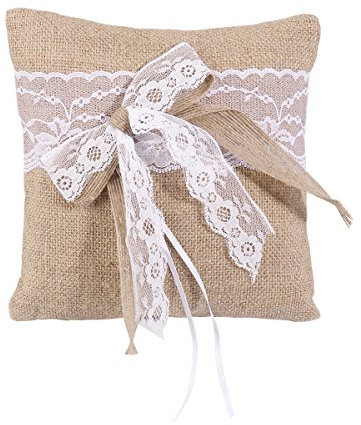 VORCOOL 20 x 20cm Sackleinen Ehering Kissen Kissen rustikale Hessische Spitze Ring Bearer Kissen