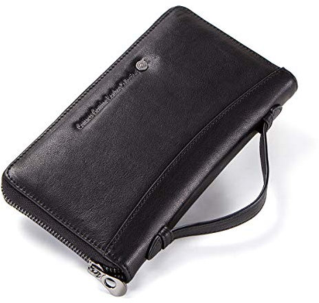 Contacts Echt Leder Herren Karte Pass Wallet Reißverschluss Geldbörse lange Handytasche (Schwarz)