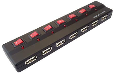 PremiumCord USB Hub 7 Port mit Netzteil und Netzschalter, USB 2.0 high Speed, bis zu 480 Mbit/s
