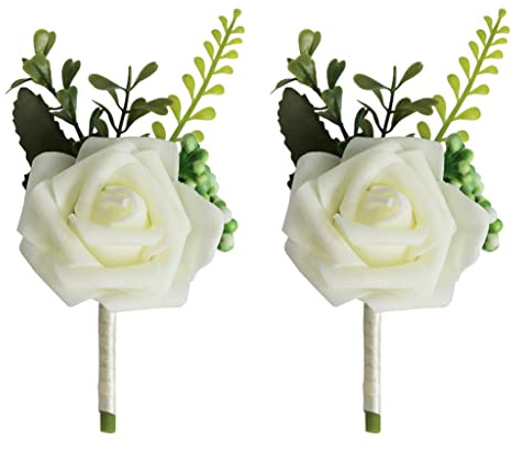 Fenteer 2Pcs Boutonniere Buttonholes Groom Wedding Flowers Party Prom Suit Decoration - White