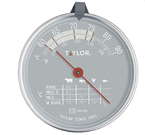 Taylor Pro Termómetro de Horno para Carne, Indicador de Temperatura con Sensor Apto para Horno, adecuado para Carne, Pescado y Barbacoa, Sensor con Tabla de Cocción, Acero Inoxidable