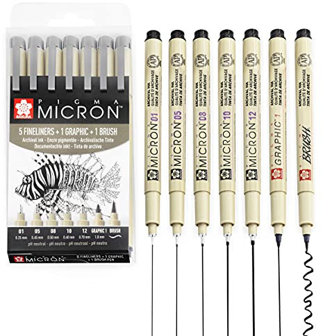 SAKURA Pigma Micron – Pigment-Fineliner-Stifte – schwarze Tinte – Brieftaschen-Sets (gemischt x 7, schwarz)