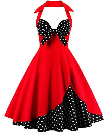 IWEMEK Femmes Vintage Retro Robe Trapèze Rockabilly à Fleurs Années 1950 50 60 Audrey Hepburn Style Dos Nu Encolure Coeur Robe de Cocktail Soirée Fête L'été Casual Habillée Robes Rouge+Noir XXL