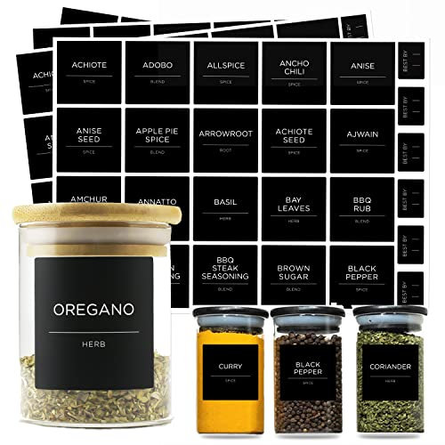 184 Spice Jar Labels, Prefdo Minimalist Preprinted Black Sticker White Text, Waterproof Seasoning Label Stickers for Pantry Spice Organization（Black）