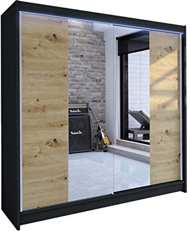 Talin II Armoire à portes coulissantes avec miroir et tringle à vêtements et étagère pour chambre à coucher, design moderne avec éclairage LED RVB, noir