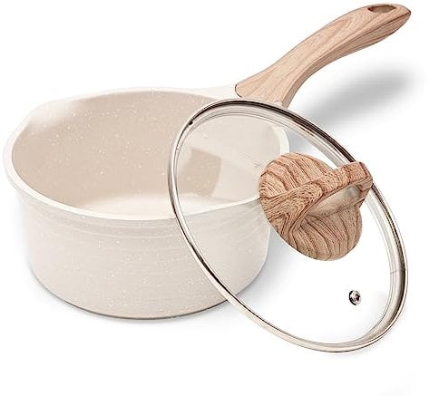 JEETEE Kasserolle 20 cm, 2.4L Stielkasserolle mit Deckel, klein Kasserolle Stieltopf, Milchpfanne, Milchtopf beschichtet, geeignet für Induktions, Elektro und Gas (Beige)