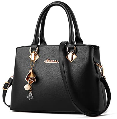 NICOLE & DORIS Elegante Handtasche Damen Schultertasche PU Leder Henkeltasche Mittelgroß Tote Shopper Einfache Umhängetasche Top Griff Tasche mit Abnehmbarem Schultergurt Schwarz 1