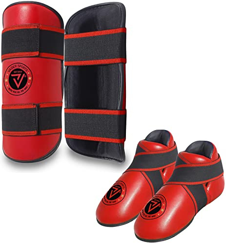 VADER SPORTS EST.2001 MED DIG ALLTID Kickboxning Taekwondo karate tävling/sparring fotkuddar och skenbensdynor set (röd, små/barn 7-10 år)