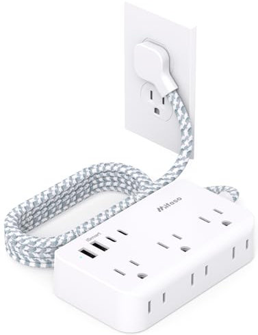 Power Strip Extension Cord - 6 Outlets and 4 USB (2 USB C), Braided Cord with Ultra Thin Flat Plug, Wall Mount, Overload Protection, Travel, Cruise Ship, Dorm Room Essentials (5FT, White)