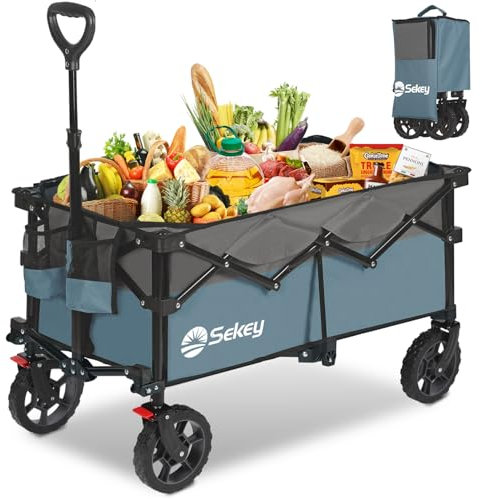 Sekey XL Bollerwagen Faltbar 150L 150KG mit Bremsen, Faltbarer Bollerwagen Handwagen Geländereifen, Zusammenfaltbar aus 4 Richtungen, Verstellbarer Handgriff, XL-G 4014, Blau mit Grau