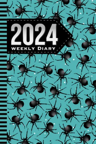2024 Weekly Diary: 6x9 Dated Personal Organizer / Daily Scheduler With Checklist - To Do List - Note Section - Habit Tracker / Organizing Gift / Black Tarantula Spider Pattern on Teal Blue