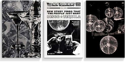 Cmoqtiv 3 Stück Vintage Schwarz und Weiß Disco 70er Jahre Wandkunst Disco Ball Poster Disco Tequila Poster Luxus Alkohol Girly Dorm Room Gemälde Bar Cart Dekor Bild 30,5 x 40,6 cm ungerahmt