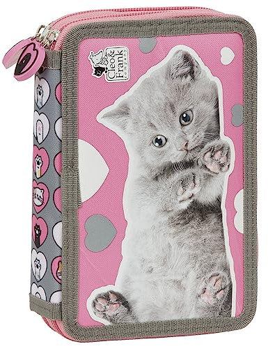 Derform Graue Katze Federtasche gefüllt 2 Fach Federmäppchen Stifte Etui Federmappe Kätzchen