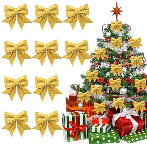 ACTOYS Lazos Navidad,10 Lazos Arbol Navidad, Lazos Regalo, Lazo Purpurina, Decoracion Arbol Navidad, Adornos Navidad, Arco de Navidad, Adornos Navideños Decoración Regalos Casa (Dorado)