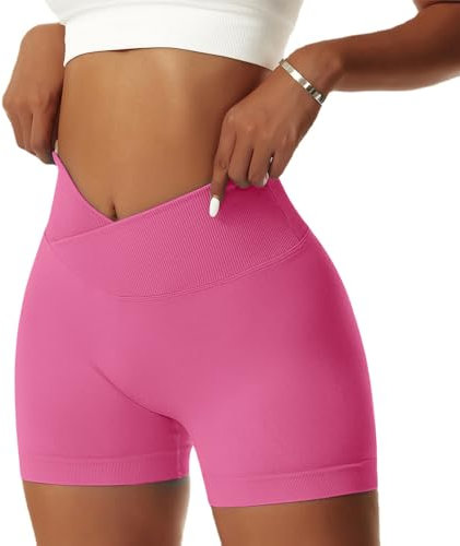 Vertvie - Pantaloncini estivi da donna, forma incrociata a V, elasticizzati, effetto push up, per palestra e yoga, a vita alta, senza cuciture, Rosa rosso, XS