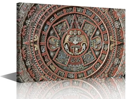 Aztekischer Sonnenstein, Wandkunst für Schlafzimmer, Maya-Kalender, Leinwandgemälde, altes Mexiko, große Wandkunst für Wohnzimmer, aztekische Kultur, zeitgenössische Wohnkultur, 1 Paneel auf