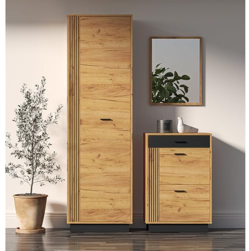 Lomadox Flur Garderoben Dielen Set inkl. Spiegel, Schrank, Kommode in Gold Craft Eiche