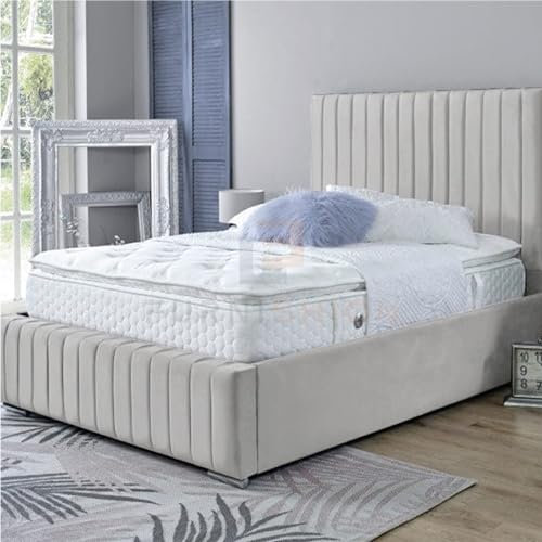 Furnishion Upholstered Panel King Bed Frame Mattress Included - Cream Plush Velvet Bed Frame with 48inch High Headboard - Wooden Slat Support