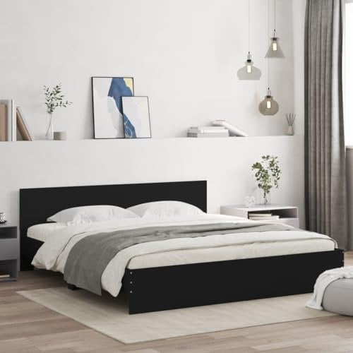 vidaXL Super King-Size Bed Frame with Headboard, Black - 180x200 cm, Engineered Wood, Plywood Slats, Modern Bedroom Furniture, For 180x200 cm Mattress