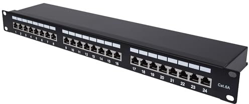 Manhattan CAT 6A Patchpanel Verteilerfeld 24 Port - Desktop 19 Zoll Rackeinbau Servermontage - RJ45 - Geschirmt - TIA568A TIA568B Schwarz