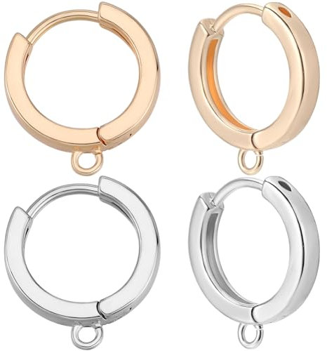 Beebeecraft 1 Box 16Pcs Huggie Hoop Earring Findings 18K Gold & Platinum Plated Brass 18 Gauge Leverback Earrings Findings 15mm Round Earring Hooks with Loops for Jewelry Making DIY (Gold, Silver)