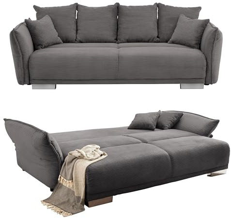 Big Sofa 242x131 cm mit Schlaffunktion, Stauraum, Armlehnenverstellung, Lounge Couch mit Federkern und Wellenunterfederung, Liegefläche 168x199 cm, Bezug Cord in Grau Anthrazit / 17214