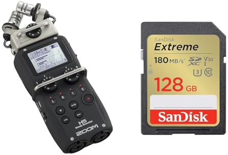 Zoom H5 4-Track Portable Recorder for Audio for Video, Music, and Podcasting, Stereo Microphones & SanDisk 128GB Extreme SDXC card + RescuePro Deluxe up to 180 MB/s UHS-I Class 10 U3 V30