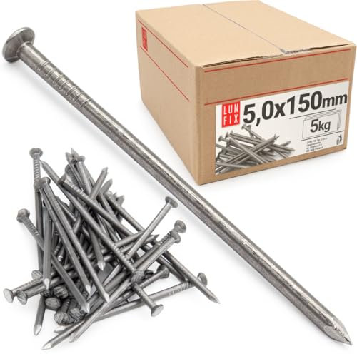 Lun Fix Perni metallici 5,0 x 150 mm – 5 kg (circa 160 pezzi) chiodi in legno per lavori di costruzione, chiodi da costruzione non zincati da 6, chiodi in acciaio lunghi 150 mm, testa svasata