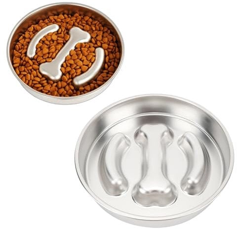 Slow Feeder Dog Bowl 2 Cups, Food Grade Stainless Steel Slow Feed Bowl for Small Medium Large Pets, Maze Pet Dish to Slow Down Eating (Bone Style with Silicone: 22 X 4cm / 8.7 X