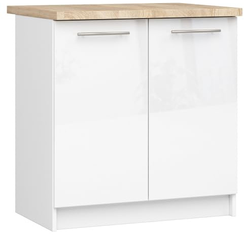 AKORD | Küchenschrank mit Arbeitsplatte - Oliwia S80 | Küchenunterschrank mit 2 Türen und 2 Einlegeböden | Unterschrank Küche 80 cm Breit | ABS-Kante 18 mm | 46 x 80 x 85 cm | Weiß & Weiß glänzend
