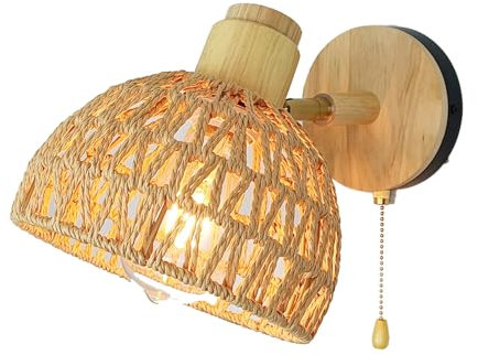 TOKTOP Applique Murale Rotin avec Interrupteur, Vintage Bohème Lampe Murale E27 Bois Intérieur Réglable Luminaires Appliques pour Chambre Salon Couloir