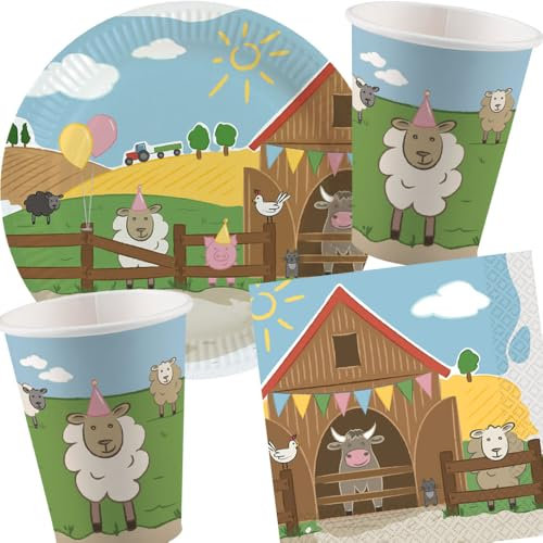 33-tlg Party-Set * BAUERNHOF & TIERE * für 8 Kinder mit Teller + Becher + Servietten + Luftballons | Farm Kuh Schaf Schwein Katze Party Kindergeburtstag Deko