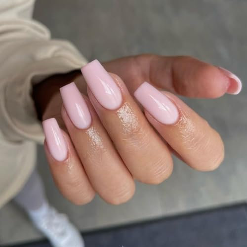 KQueenest Press On Nails Lange Mandel Eckig, Sarg Nägel zum Aufkleben Alt Rosa, Glänzende Jelly-Gel Fake Nails Fingernägel zum aufkleben Ballerina, Einfarbig Acryl Kunstnägel für Frauen, 24 Stück