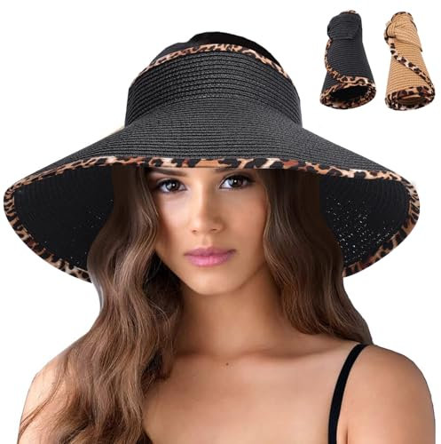 Mayoii 2PCS Foldable Straw Women's Sun Hats,Leopard Print Border Sun Visor Hat,Open Top Breathable Sun Visors for Women,Wide Brim Bow Tie Summer Hat. (UK, Alpha, One Size, Black Khaki)