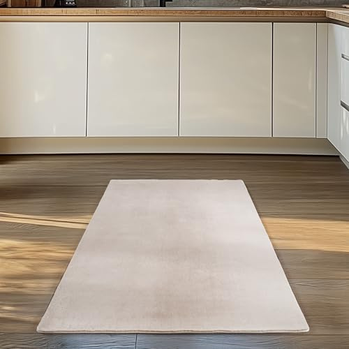 Carpettex Läufer Teppich Creme 80x150 cm- Kurzflor Teppich Waschbar, weich & rutschfest, modernes einfarbiges Design für Schlafzimmer, Küche & Flur