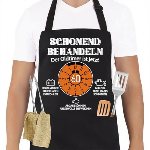 Grillschürze 60 Geburtstag Mann, Küchenschürze als Geschenk zum 60. Geburtstag, Kochschürze für Männer Frauen, Schwarz Schürze Wasserdicht mit Spruch: Schonend Behandeln der Oldtimer ist Jetzt 60
