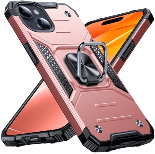 Anqrp Heavy Duty Case for iPhone 15 Case with Enhanced Ring Holder Grip Stand, Military Grade Shockproof Rugged Drop Protective Silicone Hard iPhone 15 Phone Case Cover, Rose Gold