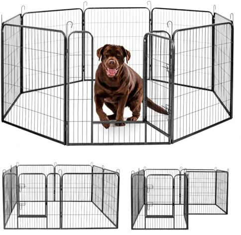 IvoQ Hundeauslauf 8 Panels – 80 cm Hoch Welpenlaufstall – Mit Tür – Metall Hundekäfig Drinnen & Draußen – Klappbarer Welpenstall – Tierstall für Hunde, Kaninchen & Kleine Tiere – Schwarz