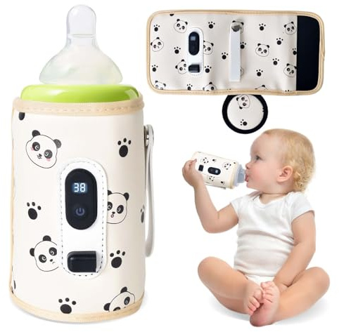 USB Tragbarer Babyflaschenwärmer mit LCD Display, Flaschenwärmer Baby Temperatur, Hält Flüssigkeiten Warm & 5 Einstellbare Temperatur(38-55°C), Muttermilchwärmer Tasche für Unterwegs Outdoor (Panda)