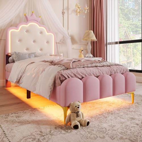 Yihomfy Kinderbett Polsterbett 90x200 mit LED, Polsterbett für Mädchen Kronen-Einzelbett, aus PU-Leder Bettrahmen mit Kopfteil und 2 Schublade,Hydraulischer Stauraum, Rosa-Schwimmend