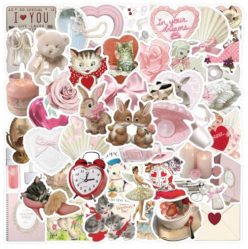 63 Stück Coquette Stickers Pack - Niedliche Kawaii & Vinyl Aesthetic Sticker Set - Wasserdichte PVC-Aufkleber für Laptop, Trinkflasche, Handy, Gitarre - für Mädchen & Teens