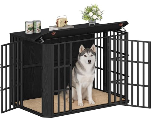 Hzuaneri Hundekäfig Möbel, Hundebox Möbel, Mehrtür-Design, Schwarz | Hundebox aus Holz für den Innenbereich mit Futtertür Oben, Großer Hundekäfig-Beistelltisch, 120 x 75 x 81 cm, DFC86804B