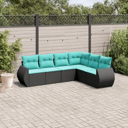 LoogCape 6-teiliges Gartensofa-Set aus schwarzem Polyrattan mit blauen Kissen, modulares Lounge-Möbel für Terrasse, Balkon und Gartenbereich