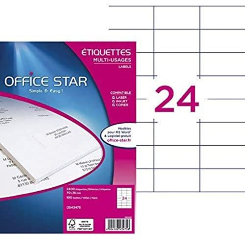 Office Star – 2400 selbstklebende Etiketten, vielseitig einsetzbar, weiß, personalisierbar, bedruckbar, Format 70 x 36 mm, Lasetdruck, Tintenstrahldrucker und Kopierer